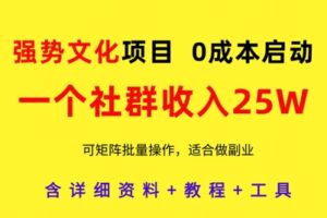强势文化项目，一个社群收入25个W，0成本启动，可矩阵批量操作，原创详细实操教程