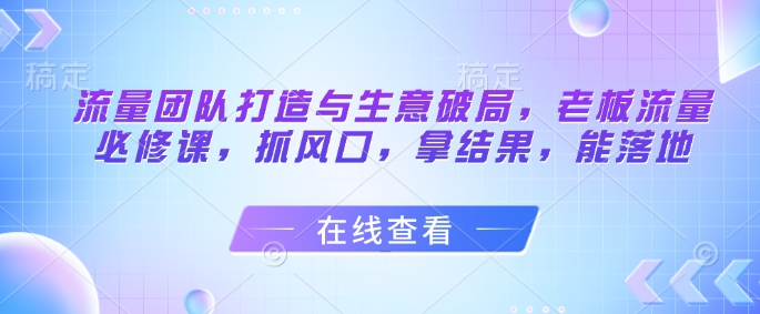流量团队打造与生意破局，老板流量必修课，抓风口，拿结果，能落地
